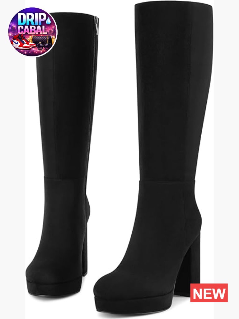 Platform Knee High Boots Chunky High Heel Side Zipper Round Toe Gogo Boots